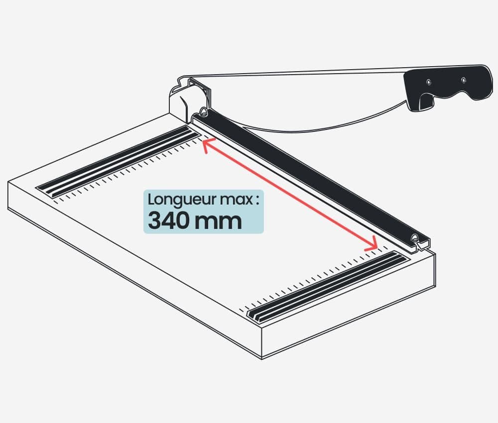 La longueur de coupe de la cisaille DAHLE 533 est de 340 mm.